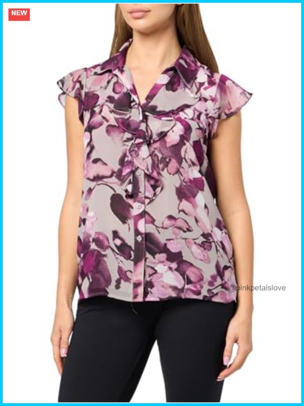 Calvin Klein Women's Short Sleeve Button Front Blouse Ruffle Detail